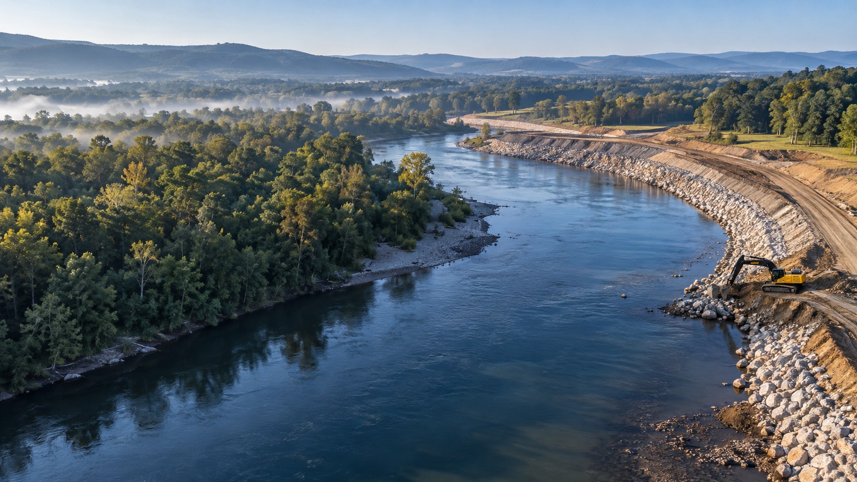 Illustrative aerial landscape showing a river and civil earthwork corridor